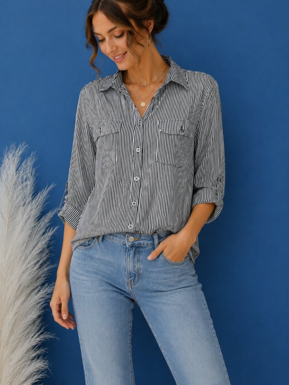 Notations Stripe Button Up Shirt Women's Medium Black White Roll Tab Sleeve